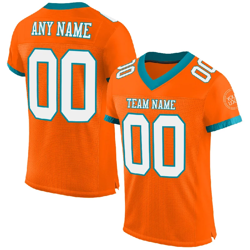 Custom Orange White-Teal Mesh Authentic Football Jersey