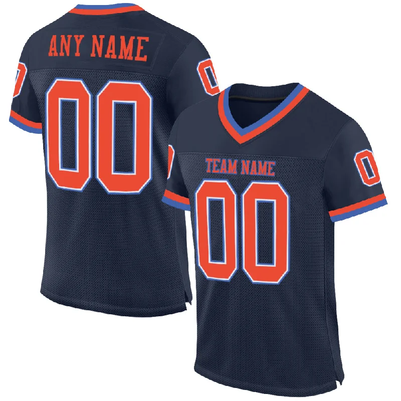 Custom Navy Orange-Blue Mesh Authentic Throwback Football Jersey