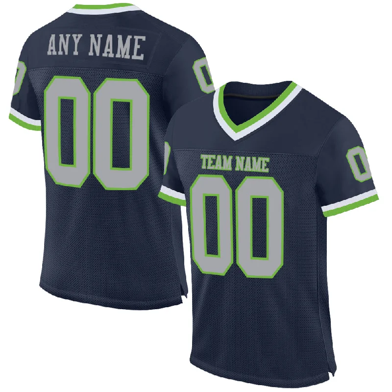 Custom Navy Gray-Neon Green Mesh Authentic Throwback Football Jersey