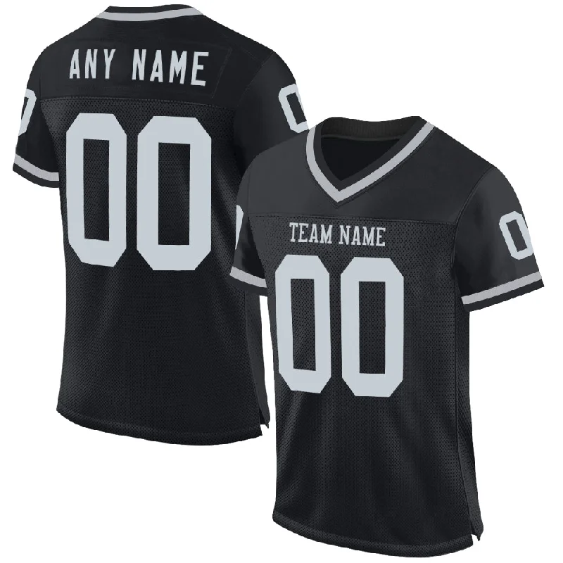 Custom Black Silver-Gray Mesh Authentic Throwback Football Jersey