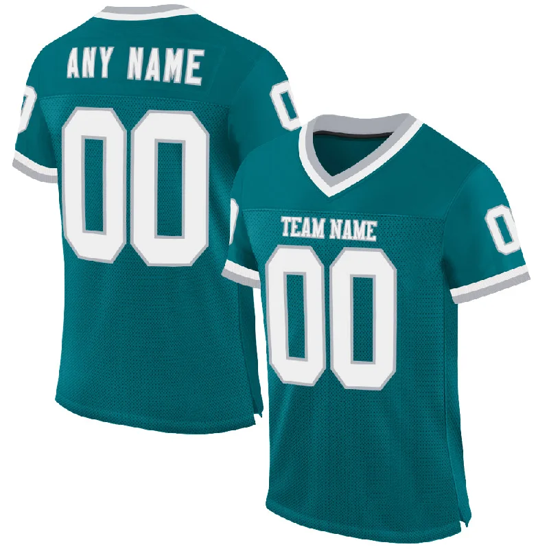 Custom Teal White-Gray Mesh Authentic Throwback Football Jersey