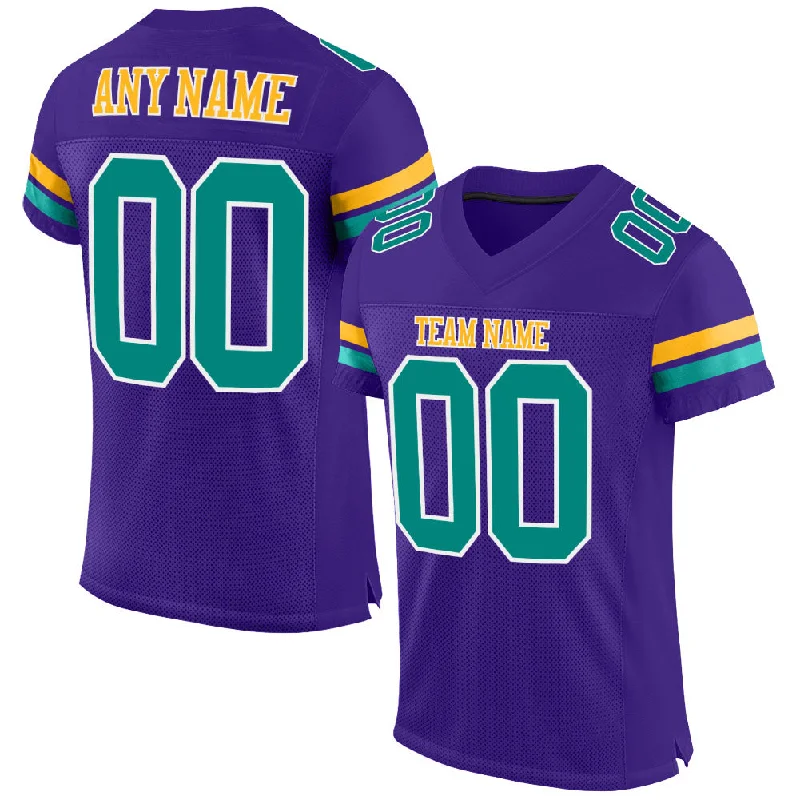 Custom Purple Aqua-Gold Mesh Authentic Football Jersey