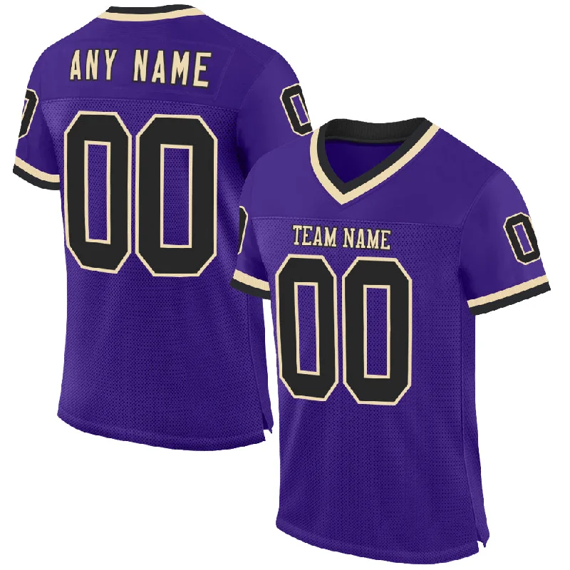 Custom Purple Black-Cream Mesh Authentic Throwback Football Jersey