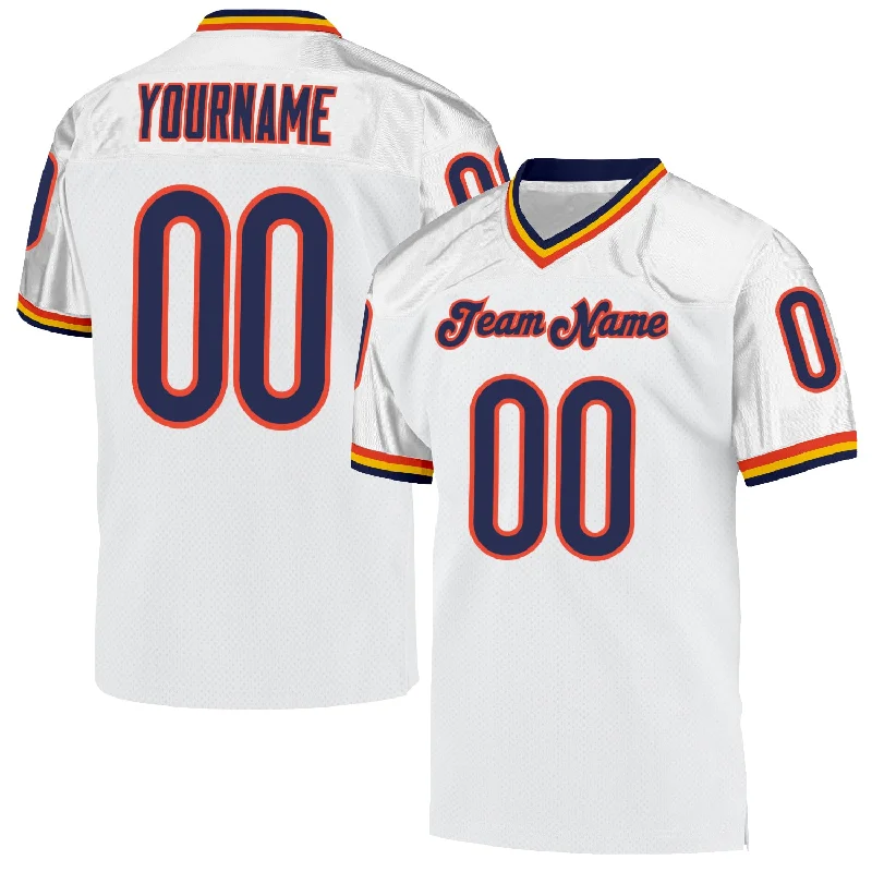 Custom White Navy-Orange Mesh Authentic Throwback Football Jersey