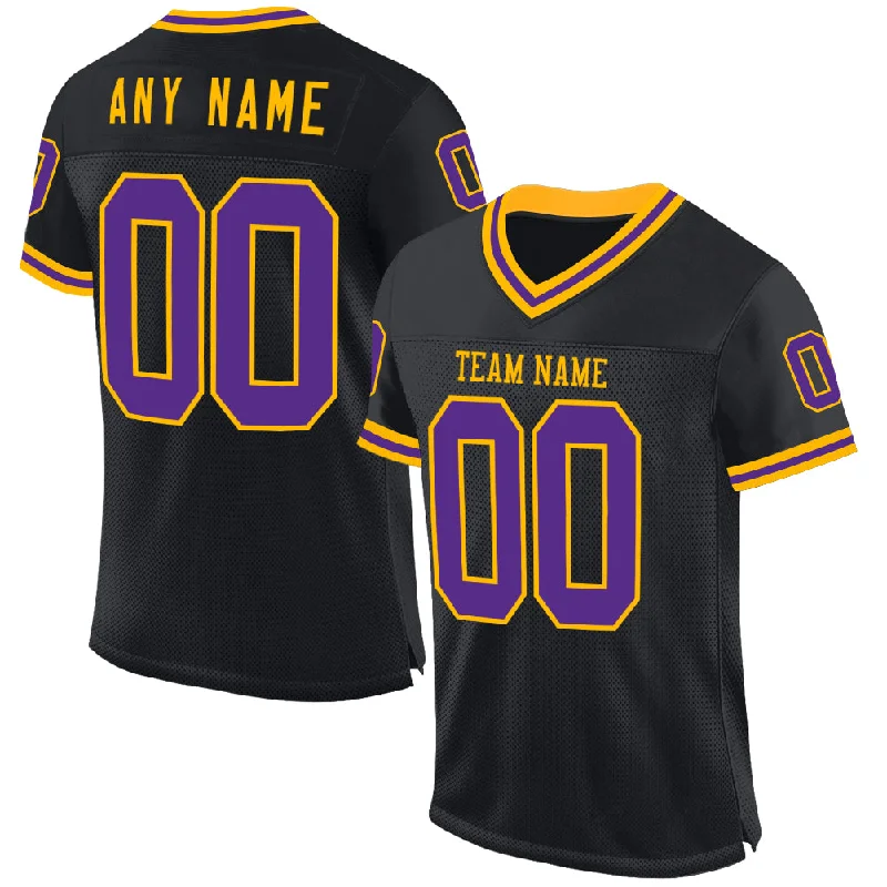 Custom Black Purple-Gold Mesh Authentic Throwback Football Jersey