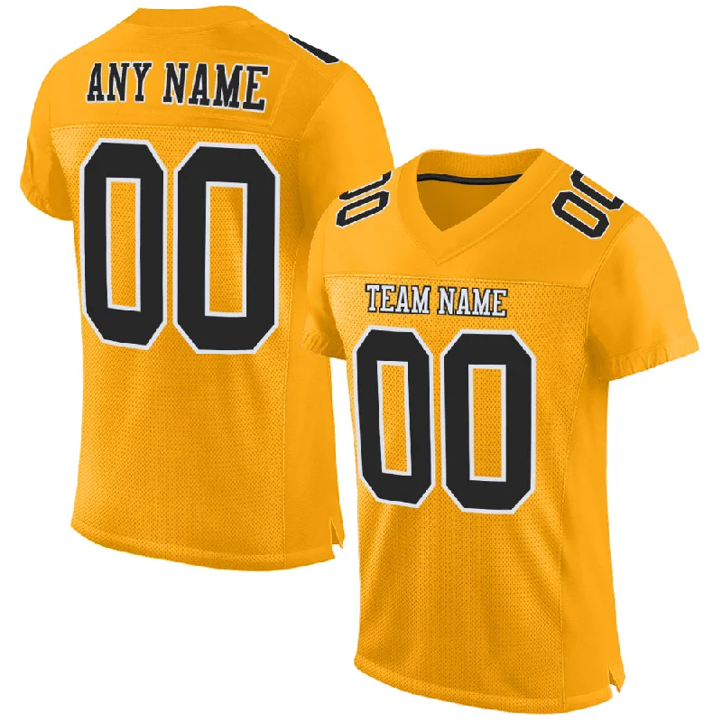 Custom Gold Black-White Mesh Authentic Football Jersey