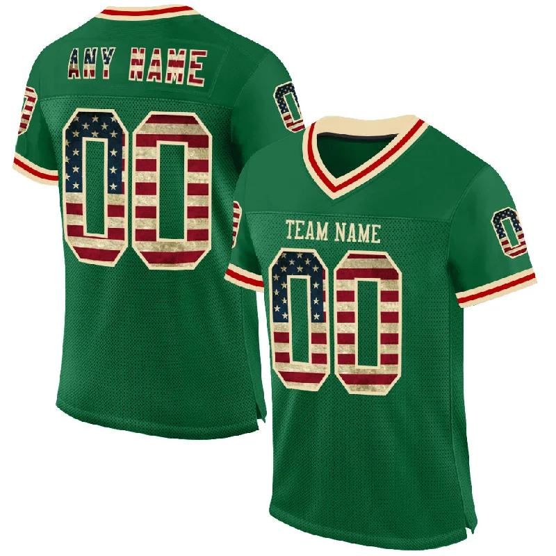 Custom Kelly Green Vintage USA Flag Cream-Red Mesh Authentic Throwback Football Jersey