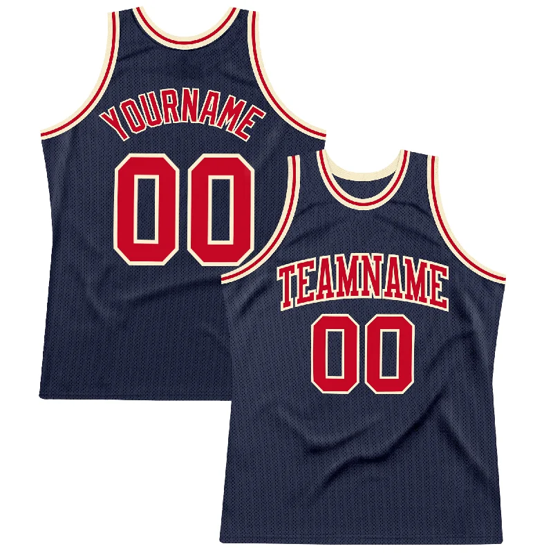 Custom Navy Red-Cream Authentic Throwback Basketball Jersey