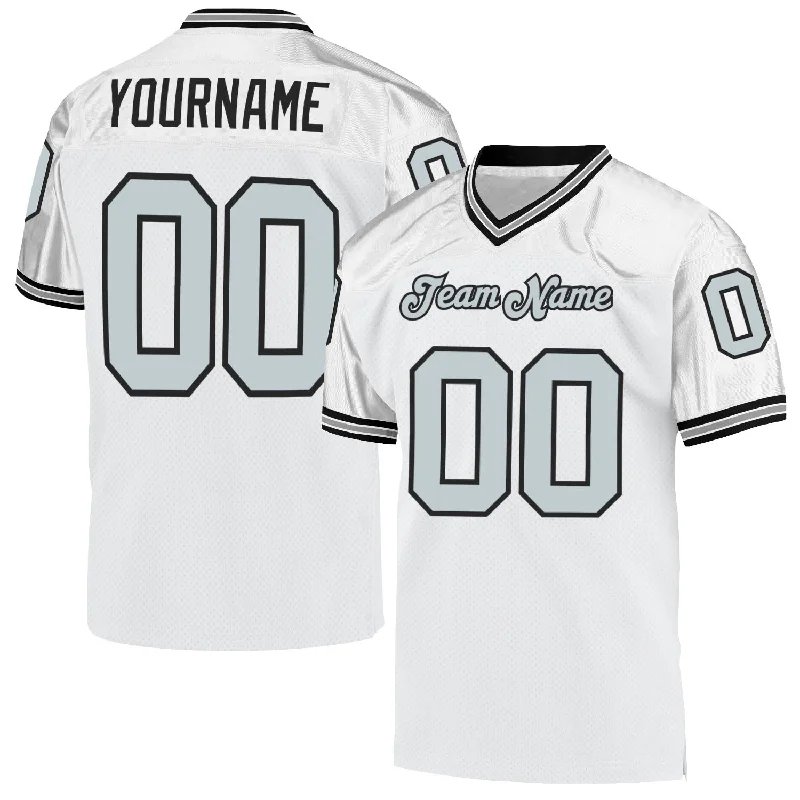 Custom White Silver-Black Mesh Authentic Throwback Football Jersey