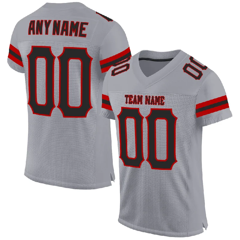 Custom Light Gray Black-Red Mesh Authentic Football Jersey