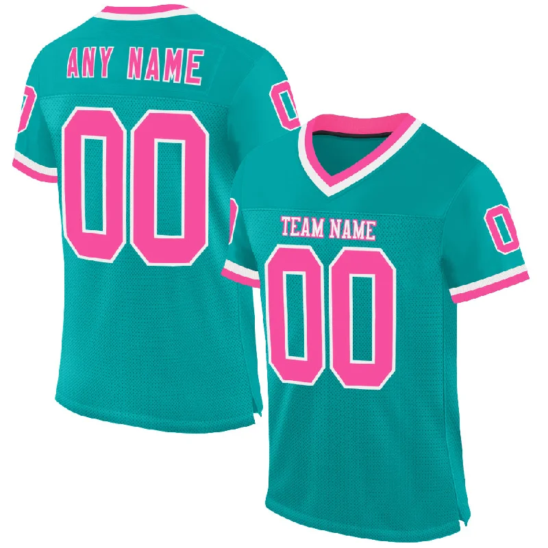 Custom Aqua Pink-White Mesh Authentic Throwback Football Jersey