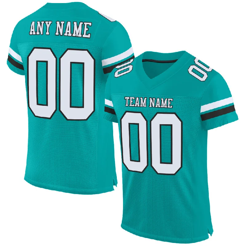 Custom Aqua White-Black Mesh Authentic Football Jersey