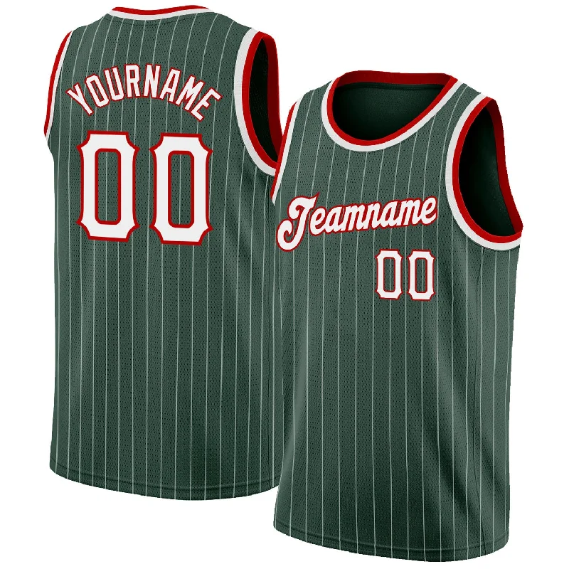 Custom Hunter Green White Pinstripe White-Red Authentic Basketball Jersey