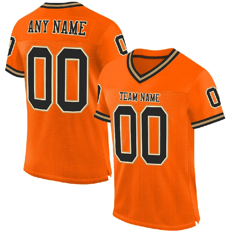 Custom Orange Black-Old Gold Mesh Authentic Throwback Football Jersey