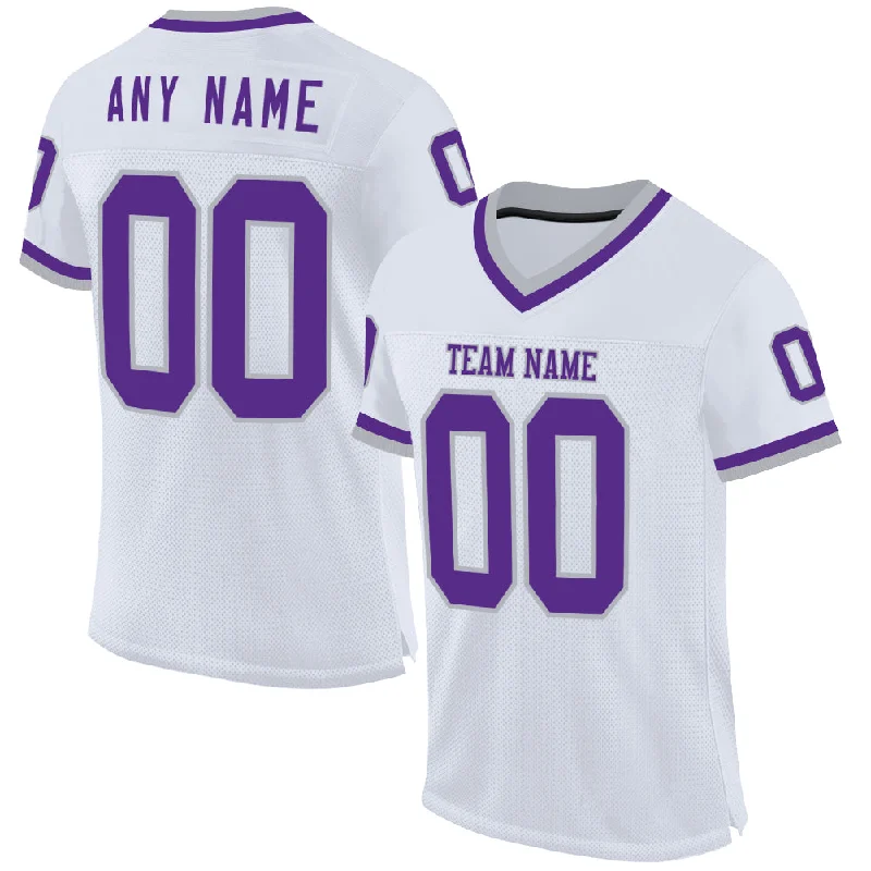 Custom White Purple-Gray Mesh Authentic Throwback Football Jersey