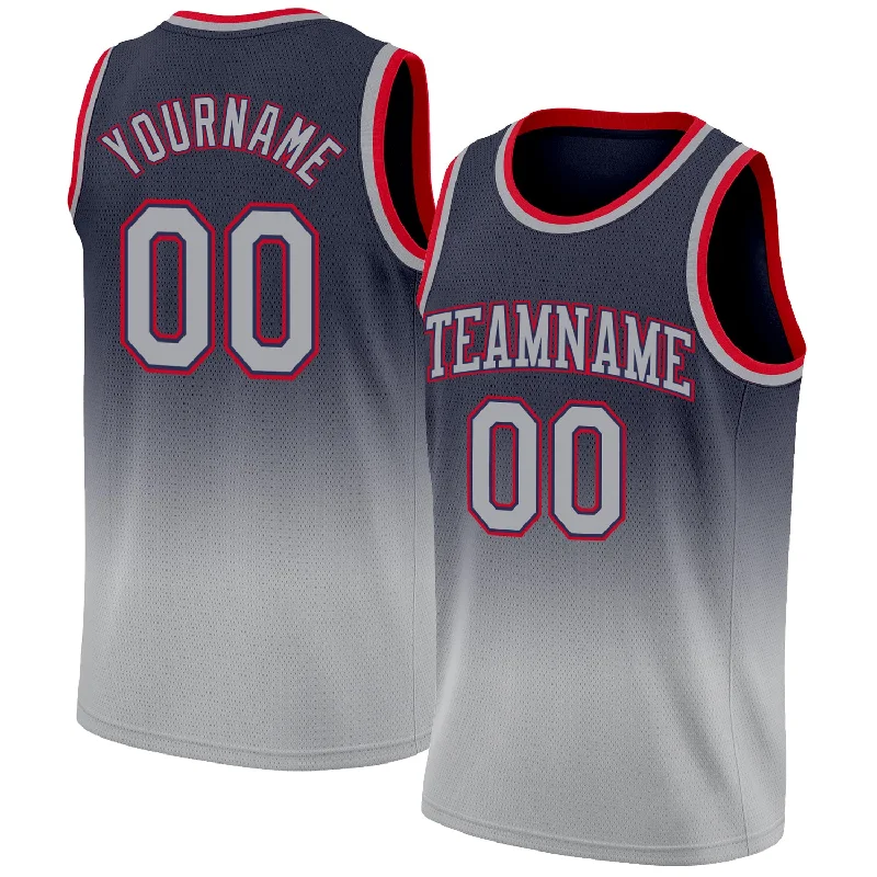 Custom Navy Gray-Red Authentic Fade Fashion Basketball Jersey