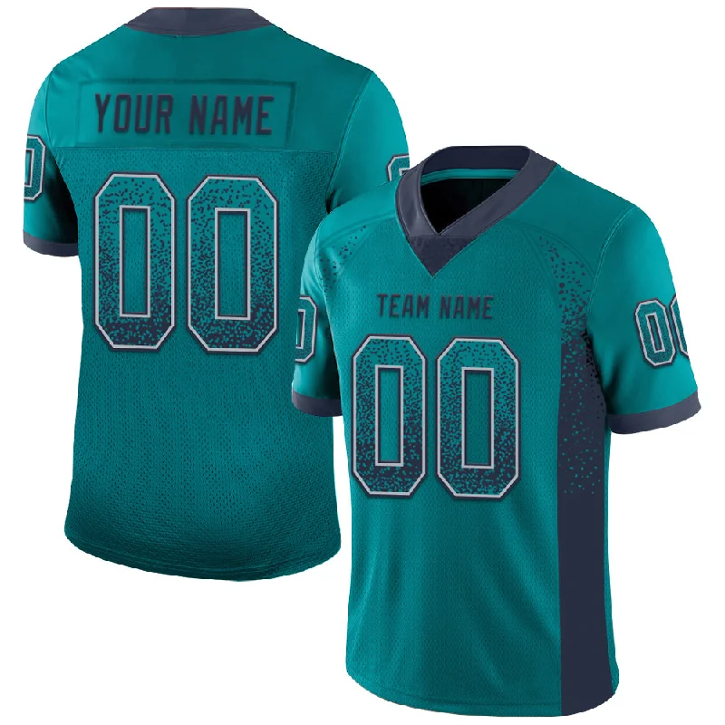 Custom Teal Navy-Gray Mesh Drift Fashion Football Jersey