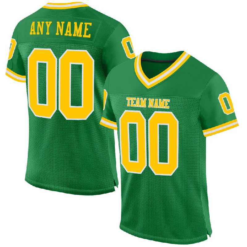 Custom Grass Green Gold-White Mesh Authentic Throwback Football Jersey