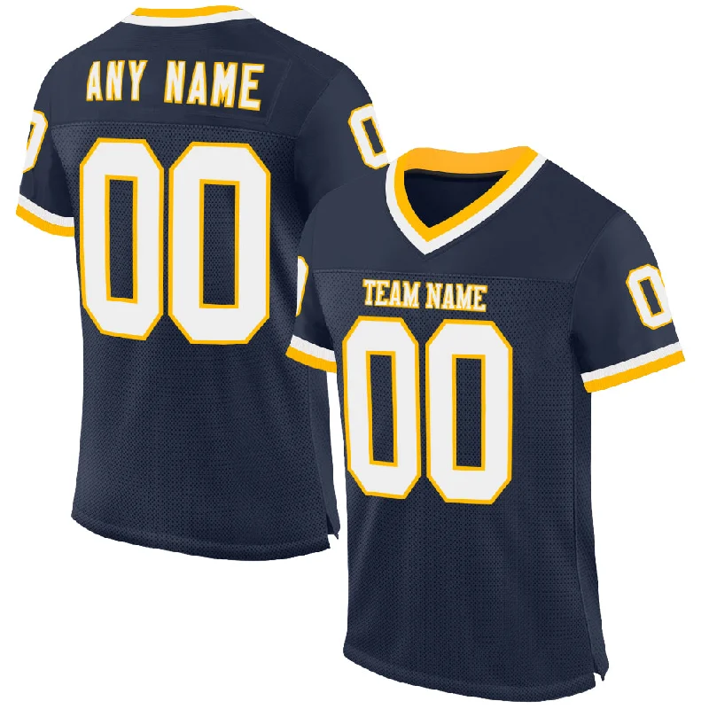 Custom Navy White-Gold Mesh Authentic Throwback Football Jersey