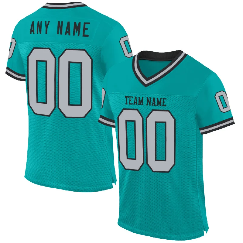 Custom Aqua Gray-Black Mesh Authentic Throwback Football Jersey