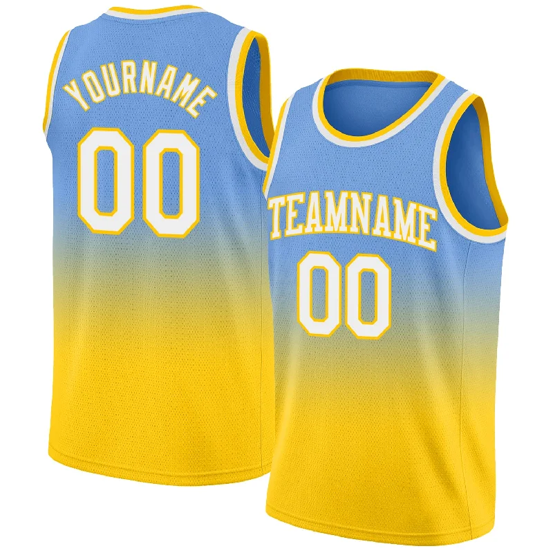 Custom Light Blue White-Gold Authentic Fade Fashion Basketball Jersey