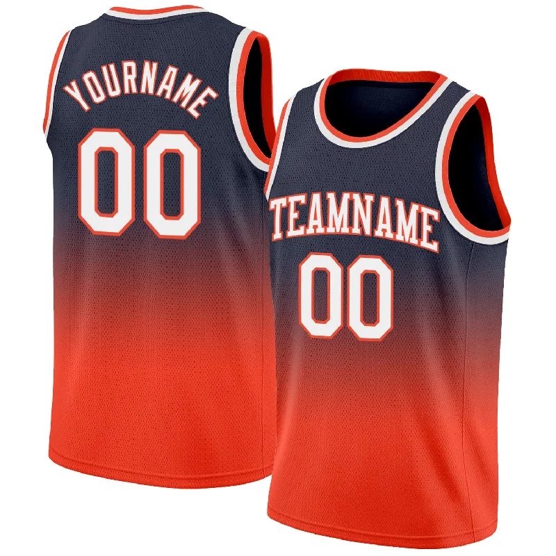 Custom Navy White-Orange Authentic Fade Fashion Basketball Jersey