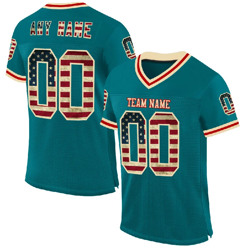 Custom Teal Vintage USA Flag Cream-Red Mesh Authentic Throwback Football Jersey