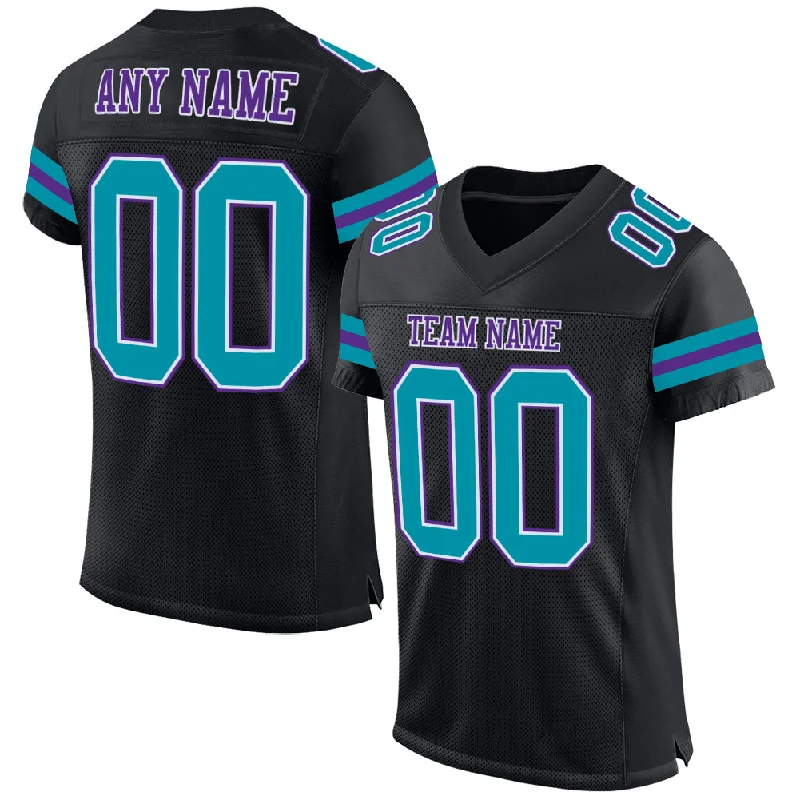 Custom Black Teal-Purple Mesh Authentic Football Jersey