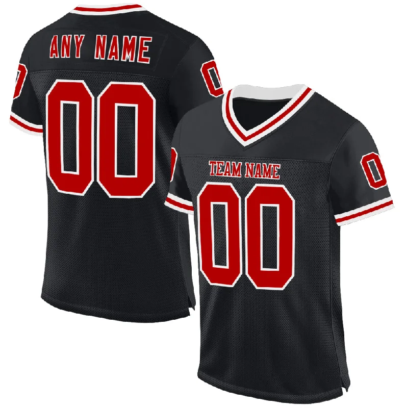 Custom Black Red-White Mesh Authentic Throwback Football Jersey