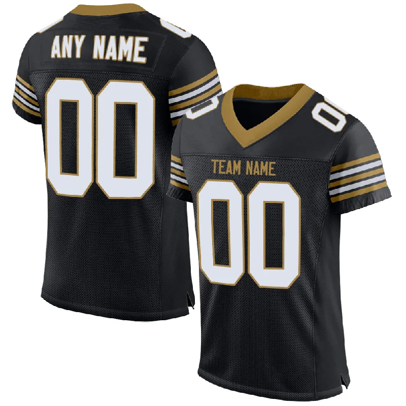 Custom Black White-Old Gold Mesh Authentic Football Jersey