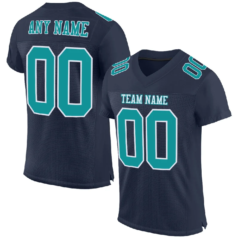 Custom Navy Aqua-White Mesh Authentic Football Jersey