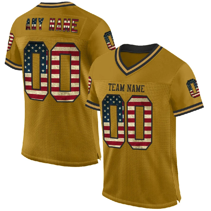 Custom Old Gold Vintage USA Flag-Black Mesh Authentic Throwback Football Jersey