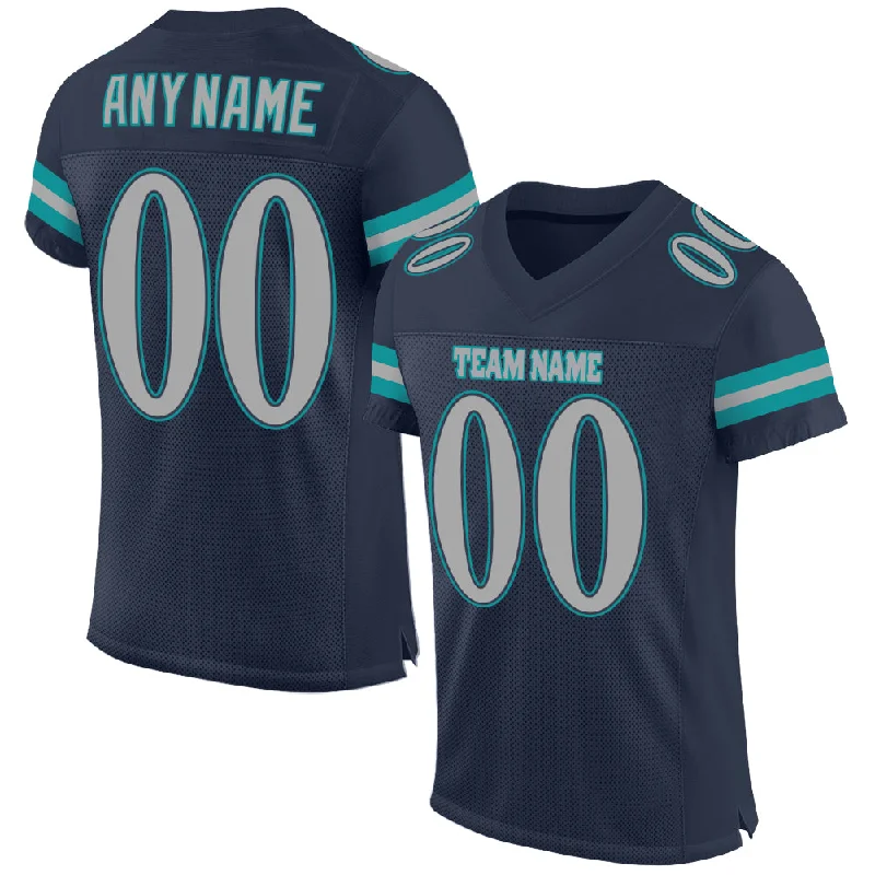 Custom Navy Gray-Aqua Mesh Authentic Football Jersey