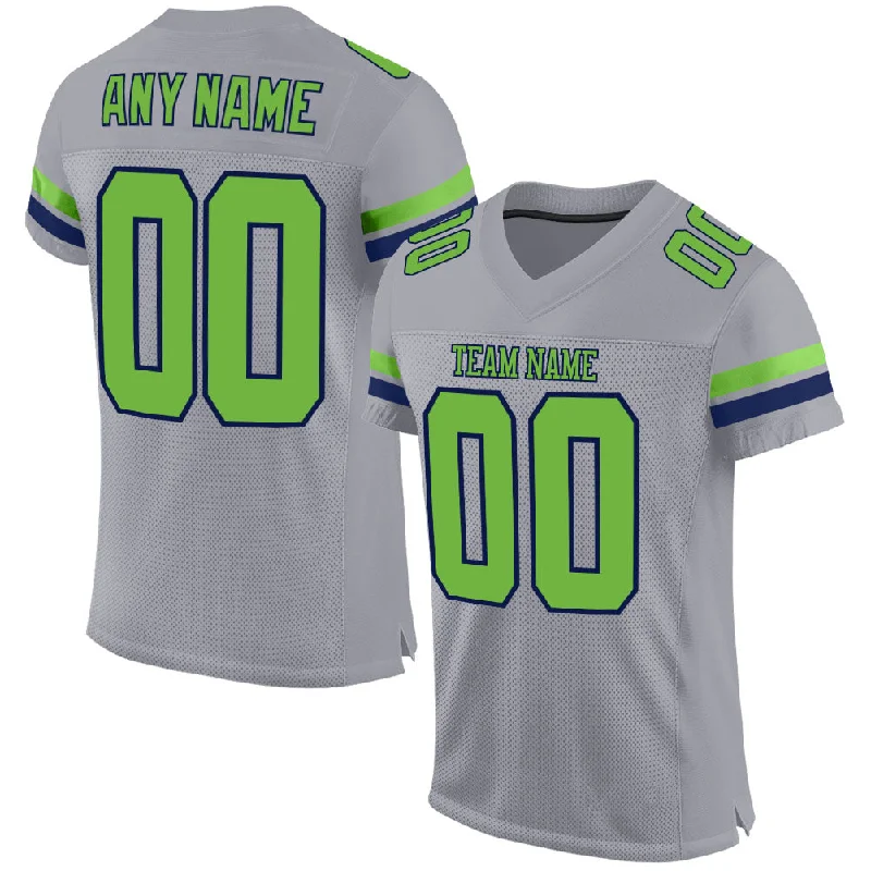 Custom Light Gray Neon Green-Navy Mesh Authentic Football Jersey