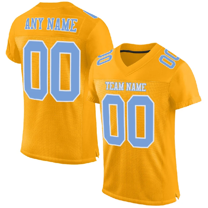 Custom Gold Light Blue-White Mesh Authentic Football Jersey