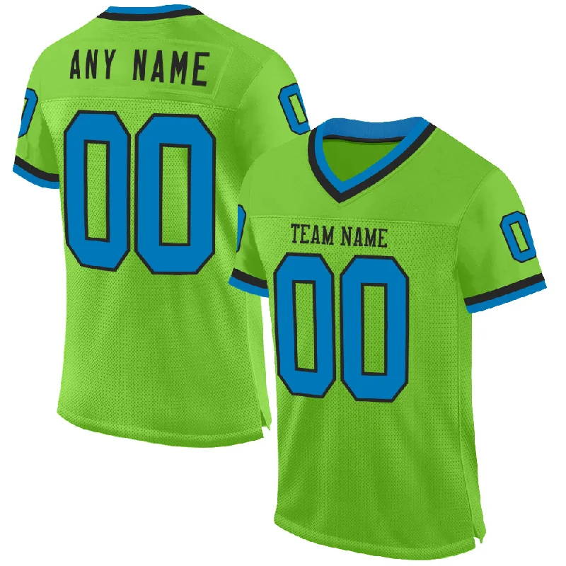 Custom Neon Green Blue-Black Mesh Authentic Throwback Football Jersey