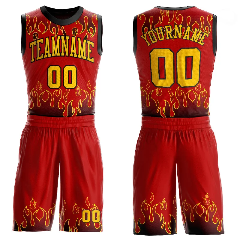 Custom Red Gold-Black Flame Round Neck Sublimation Basketball Suit Jersey