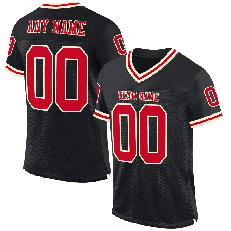 Custom Black Red-Cream Mesh Authentic Throwback Football Jersey