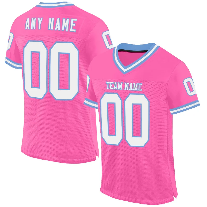 Custom Pink White-Light Blue Mesh Authentic Throwback Football Jersey