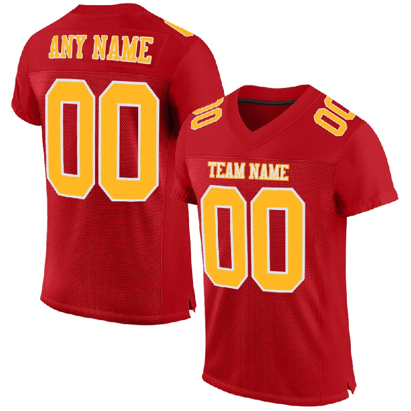 Custom Red Gold-White Mesh Authentic Football Jersey