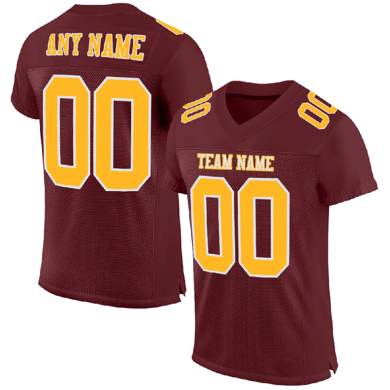 Custom Burgundy Gold-White Mesh Authentic Football Jersey