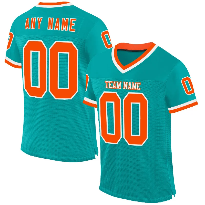 Custom Aqua Orange-White Mesh Authentic Throwback Football Jersey