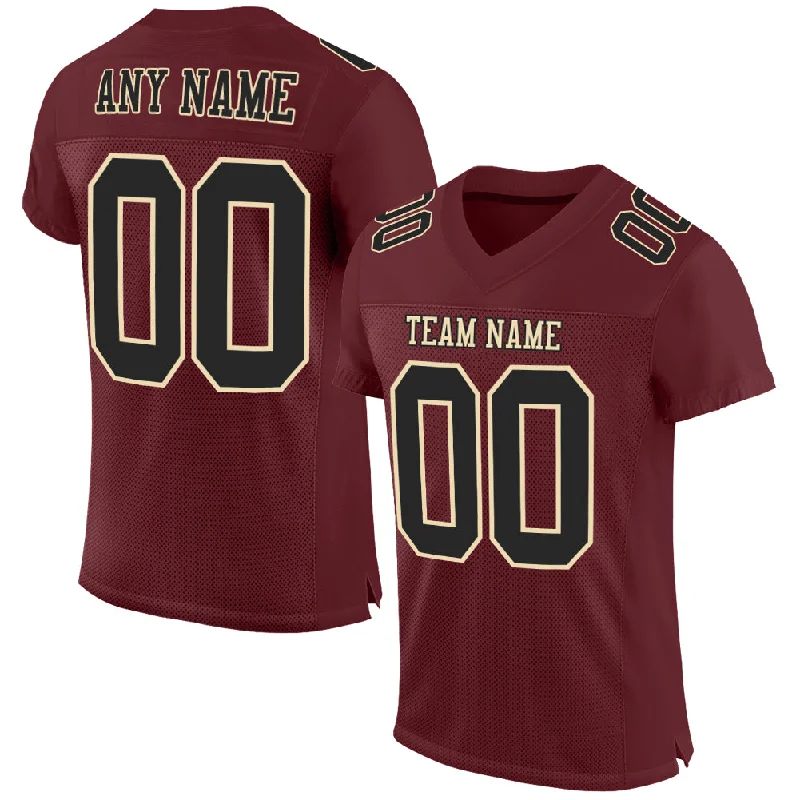 Custom Burgundy Black-Cream Mesh Authentic Football Jersey