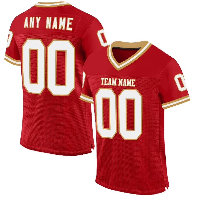 Custom Red White-Old Gold Mesh Authentic Throwback Football Jersey