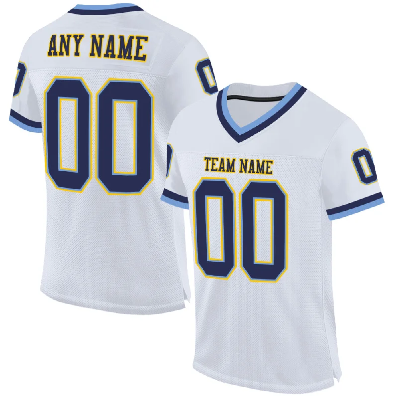 Custom White Navy-Light Blue Mesh Authentic Throwback Football Jersey