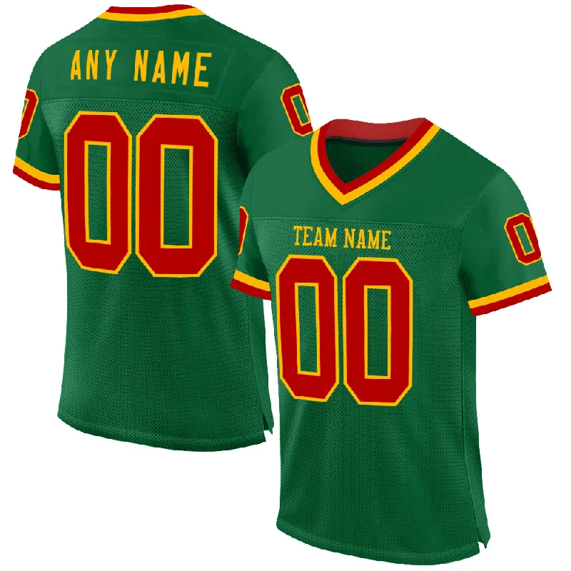 Custom Kelly Green Red-Gold Mesh Authentic Throwback Football Jersey