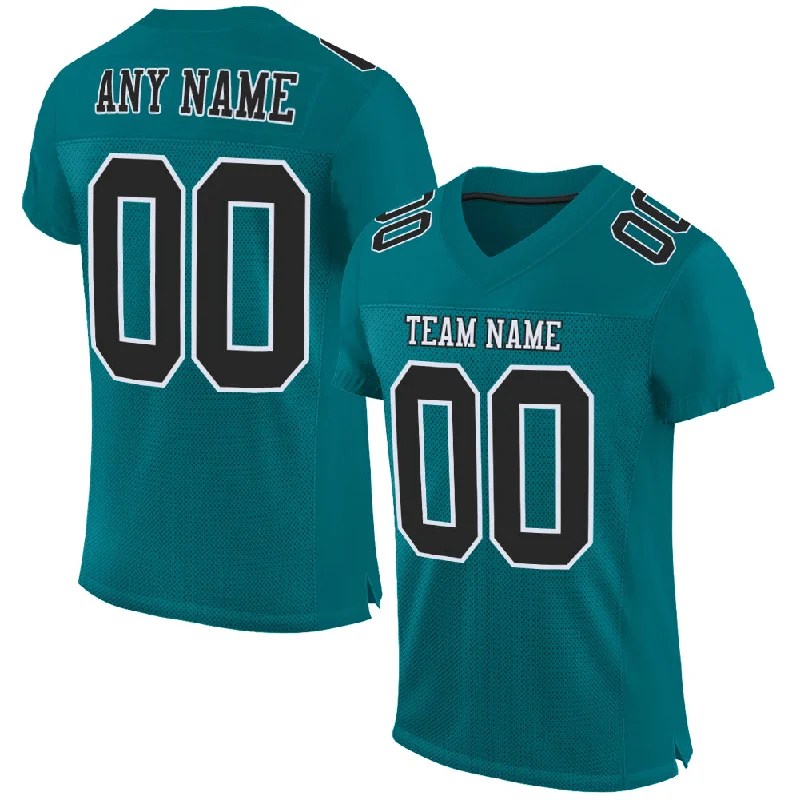 Custom Teal Black-White Mesh Authentic Football Jersey