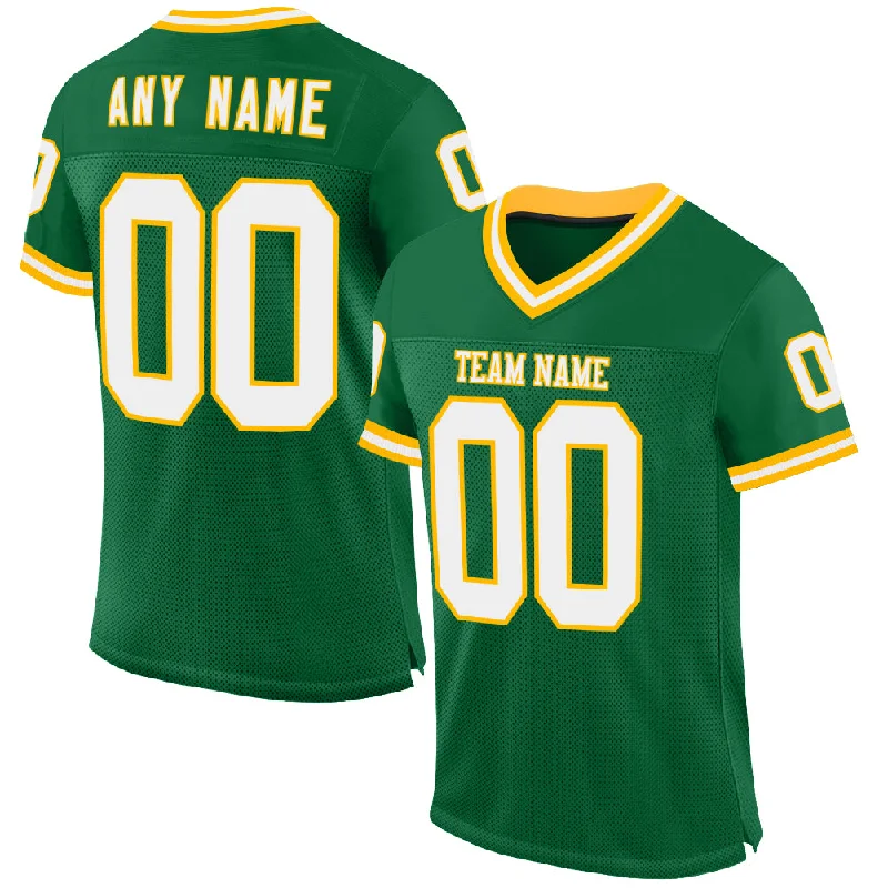 Custom Kelly Green White-Gold Mesh Authentic Throwback Football Jersey