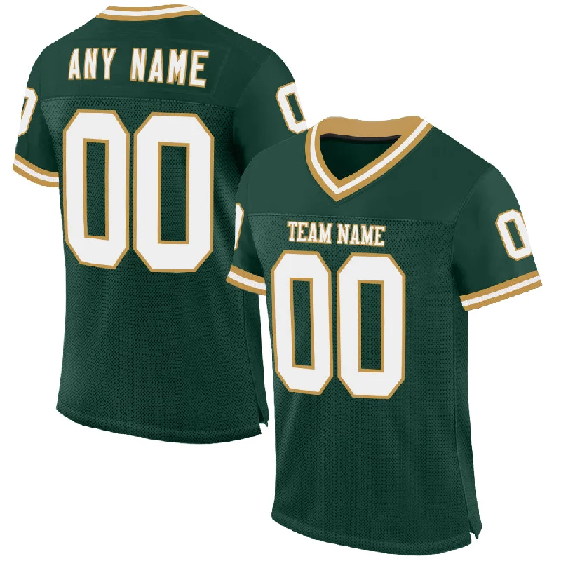 Custom Green White-Old Gold Mesh Authentic Throwback Football Jersey