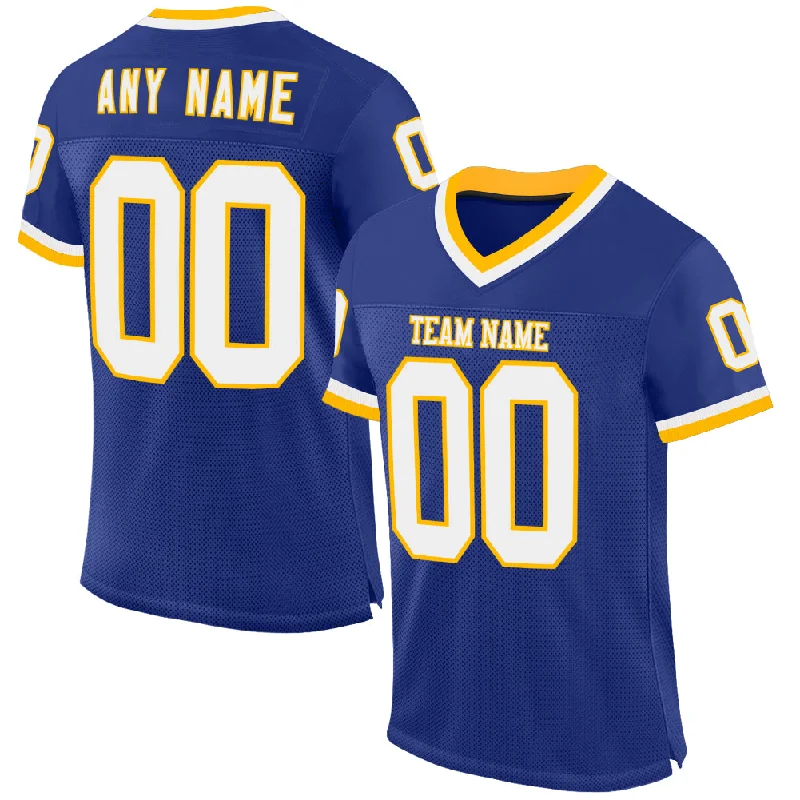 Custom Royal White-Gold Mesh Authentic Throwback Football Jersey